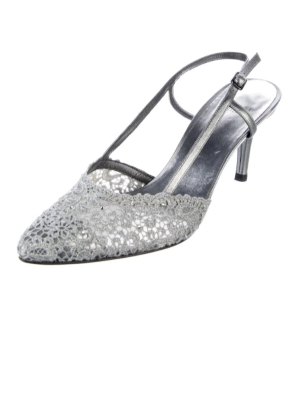 Stuart Weitzman - Silver Lace & Crystal Accents Slingback Pump - Size 8.5